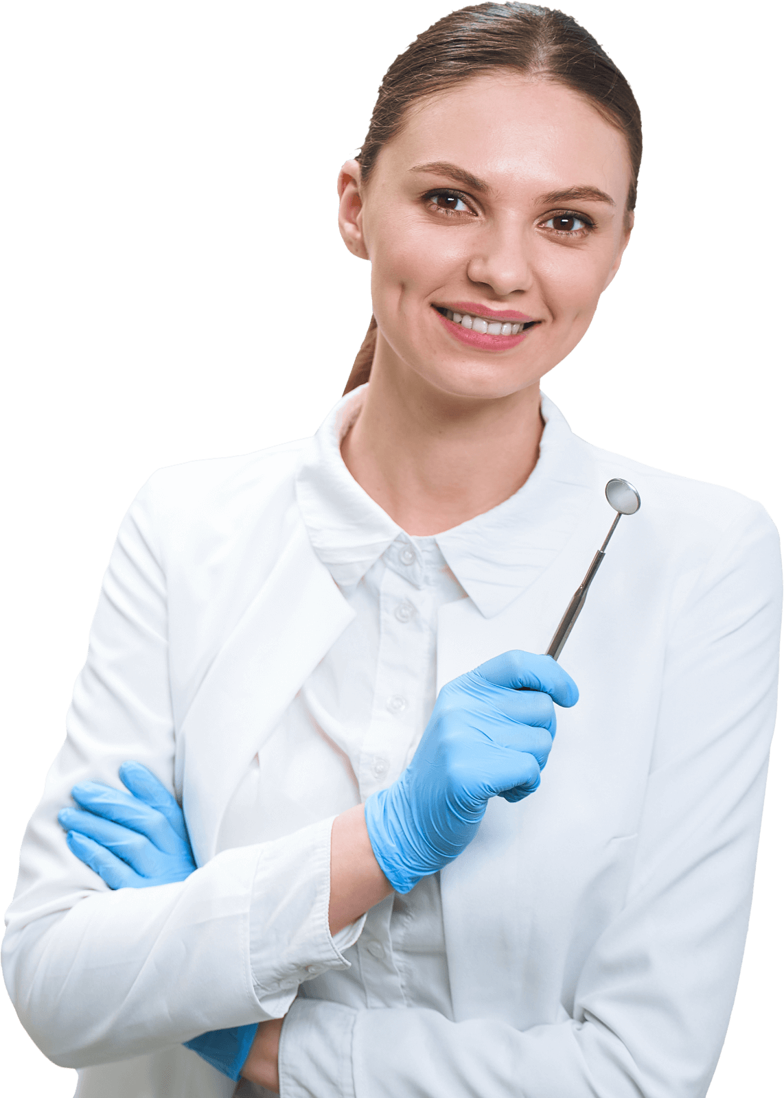 Smiling female dentist holding dental mirror.