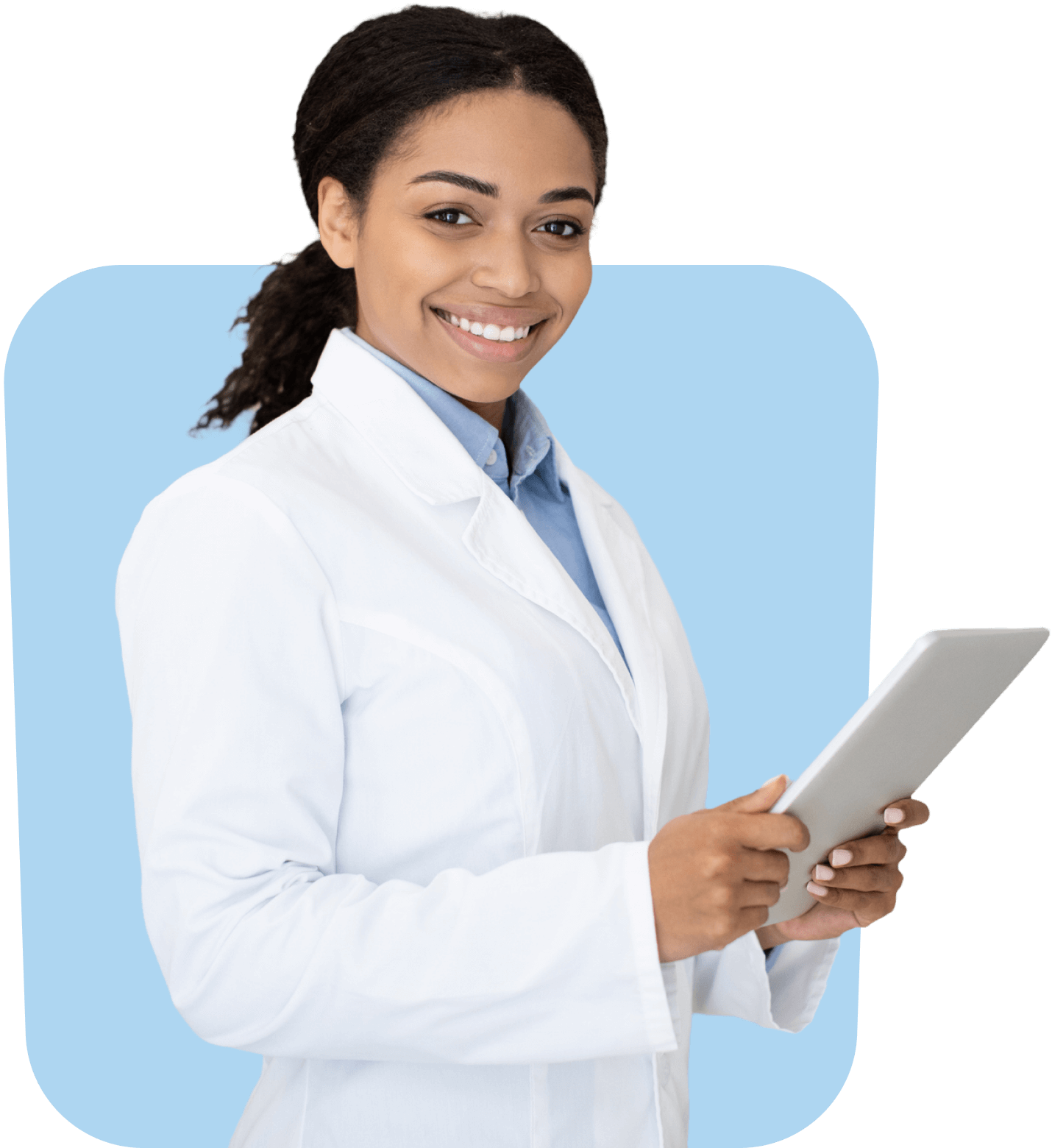 Smiling doctor holding tablet, healthcare.