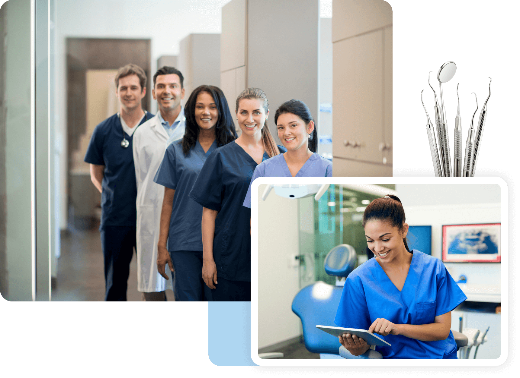 Smiling dental team and hygienist working.